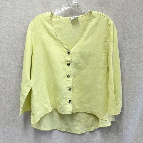 Click by Color Me Cotton 100% linen yellow button up Lagenlook top Medium USA - Picture 1 of 13